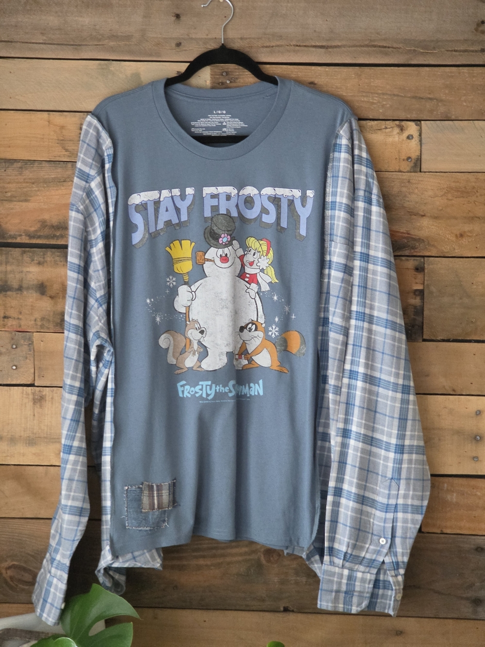Upcycled Stay Frosty Graphic T-shirt with Plaid Sleeves - Picture 4 of 10